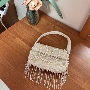 Elegant Pearl-Embellished Cream Handbag